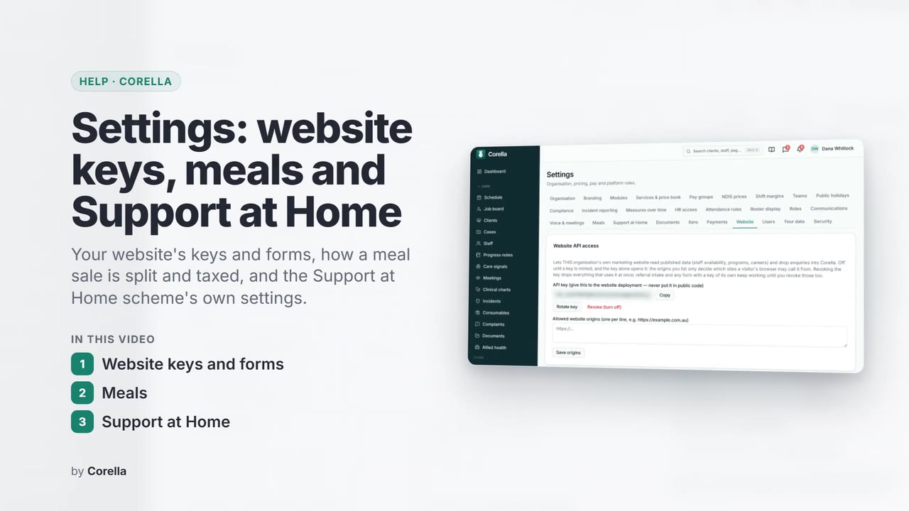 Settings: website keys, meals and Support at Home: the video's title card