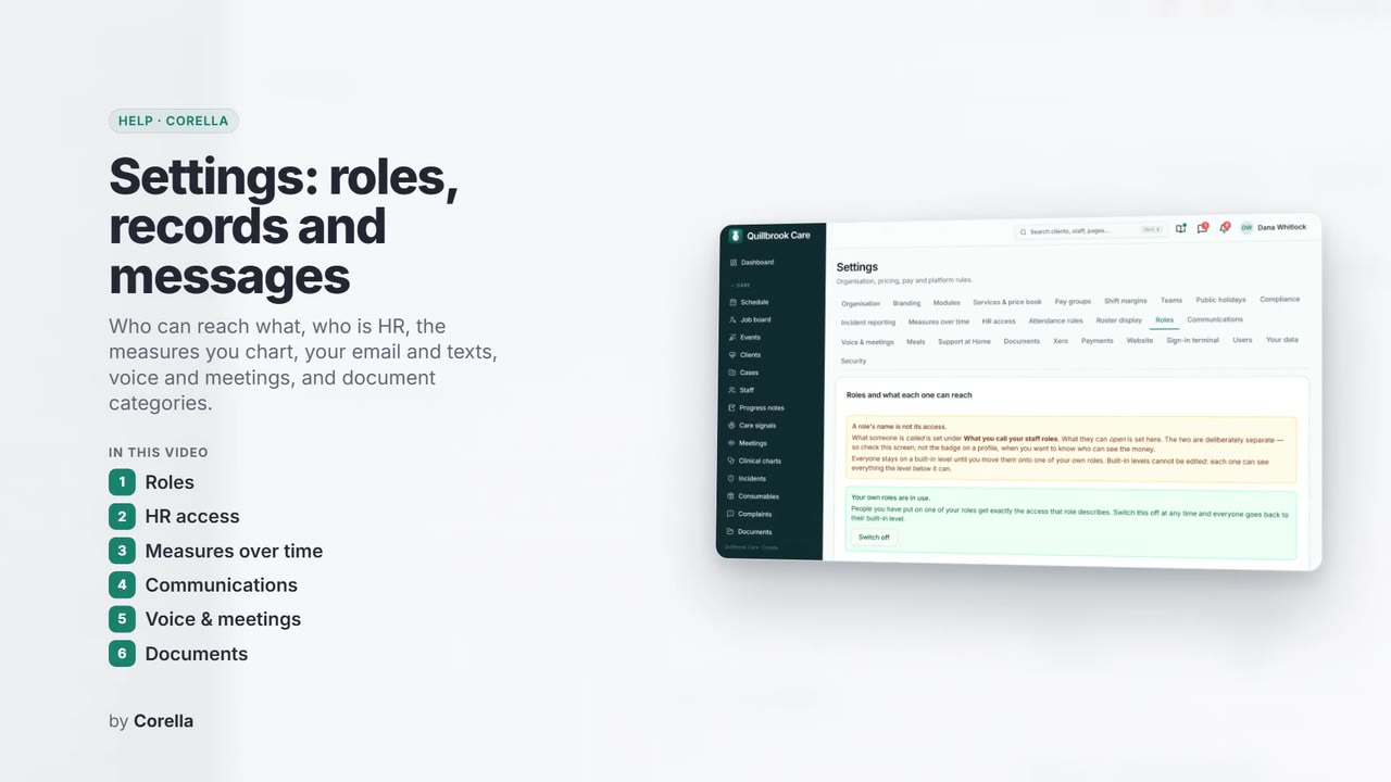 Settings: roles, records and messages: the video's title card