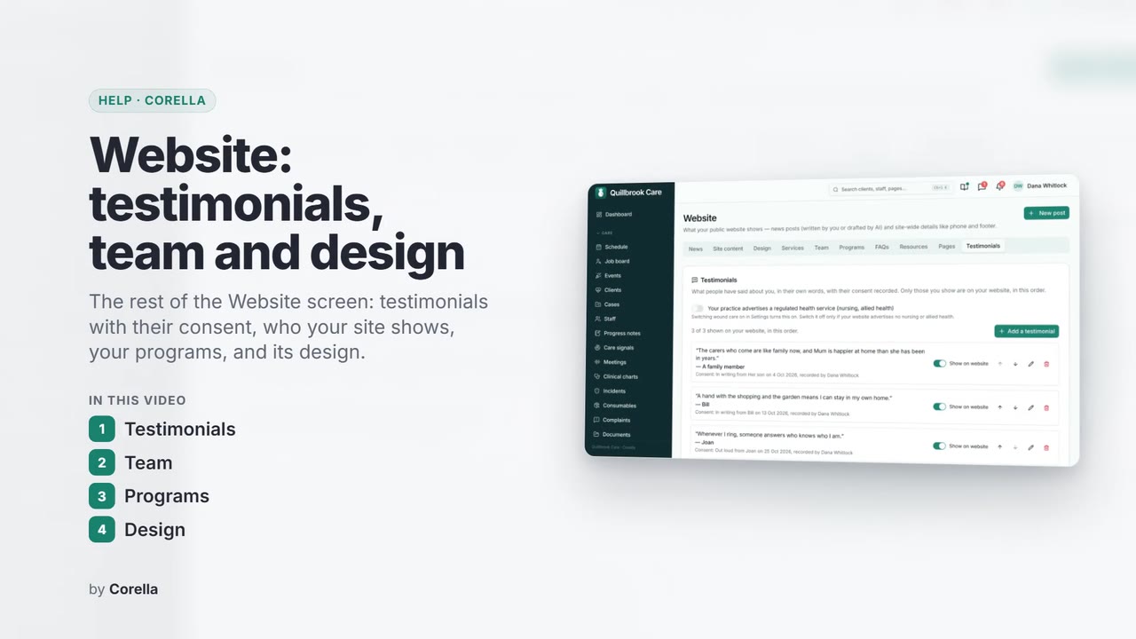 Website: testimonials, team and design: the video's title card
