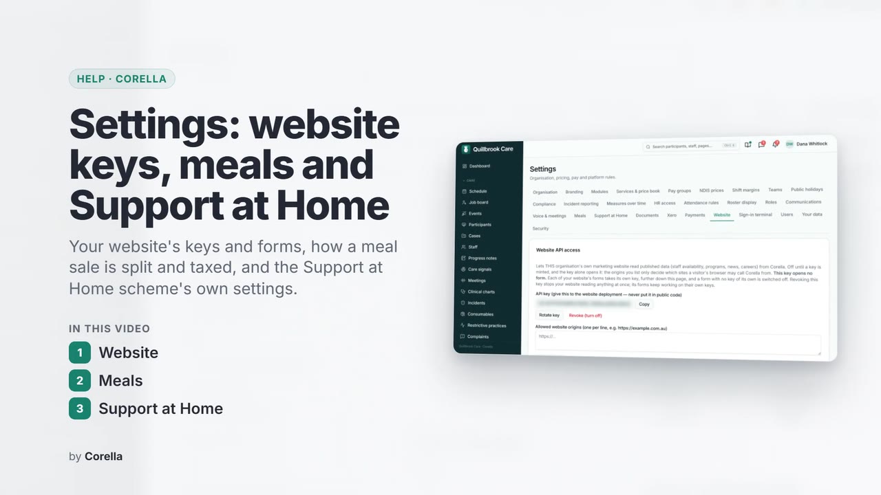Settings: website keys, meals and Support at Home: the video's title card