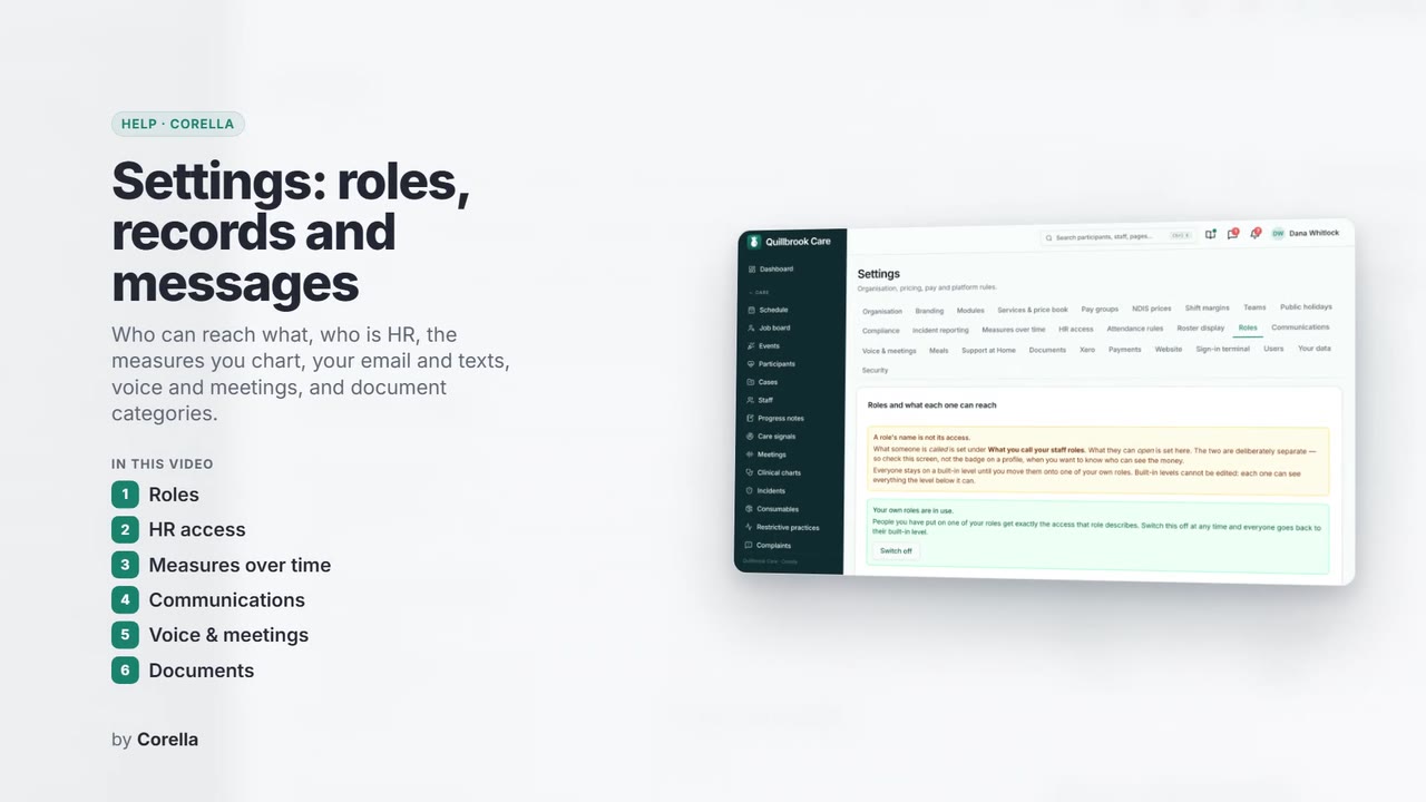 Settings: roles, records and messages: the video's title card