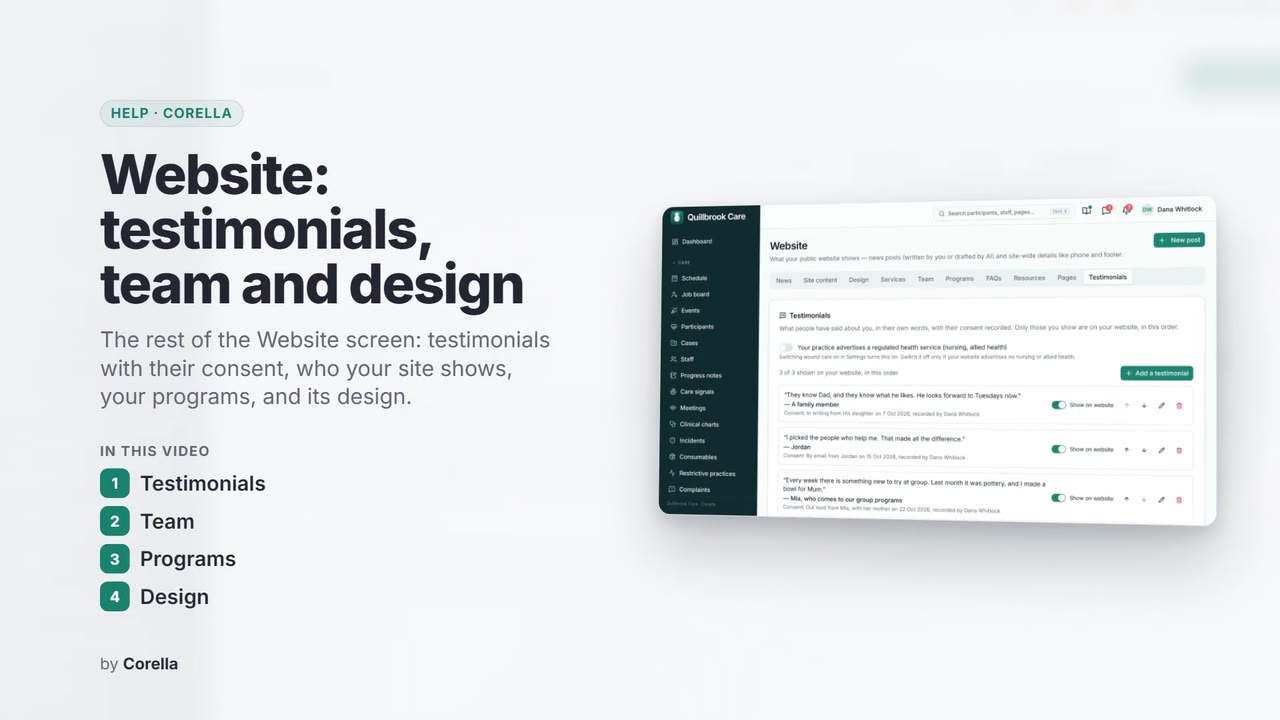 Website: testimonials, team and design: the video's title card