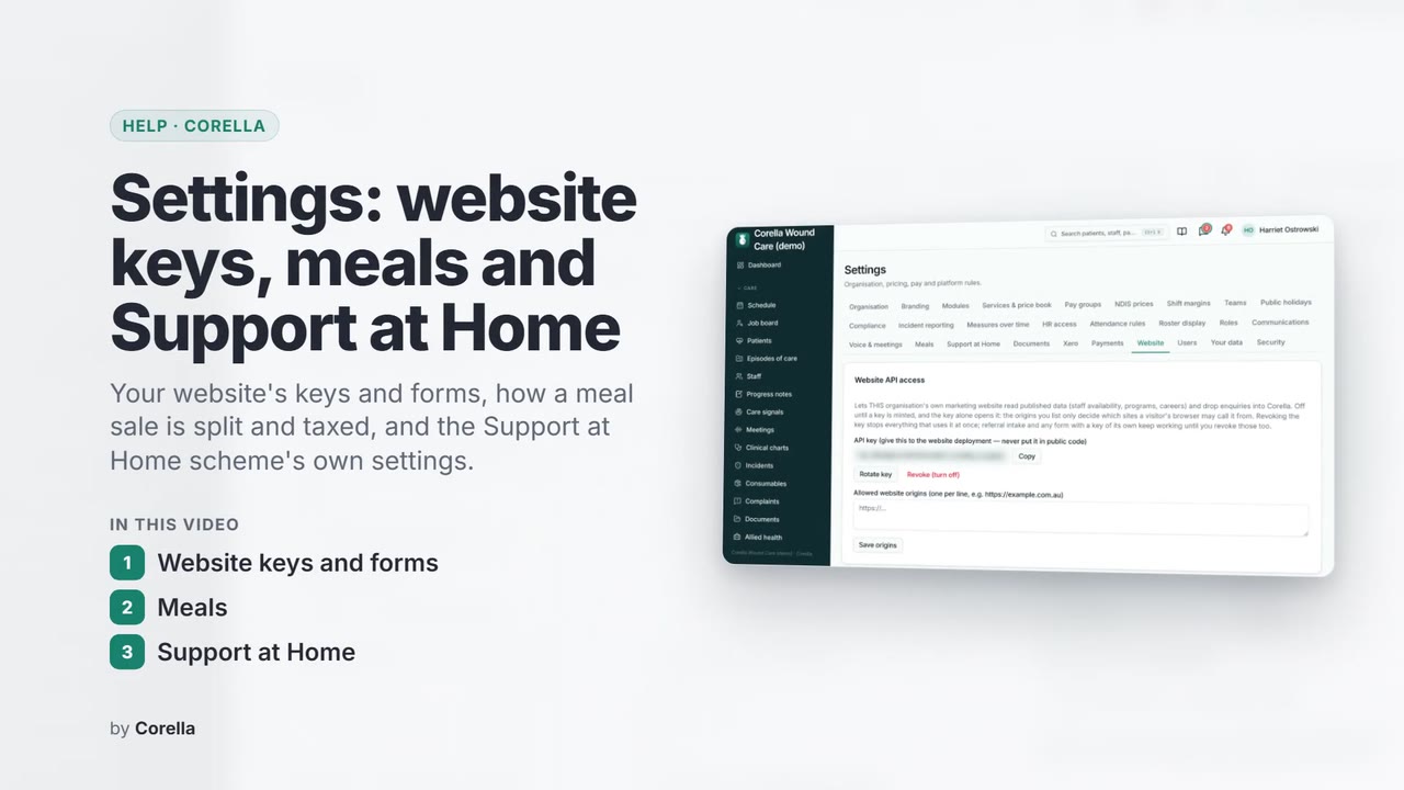 Settings: website keys, meals and Support at Home: the video's title card