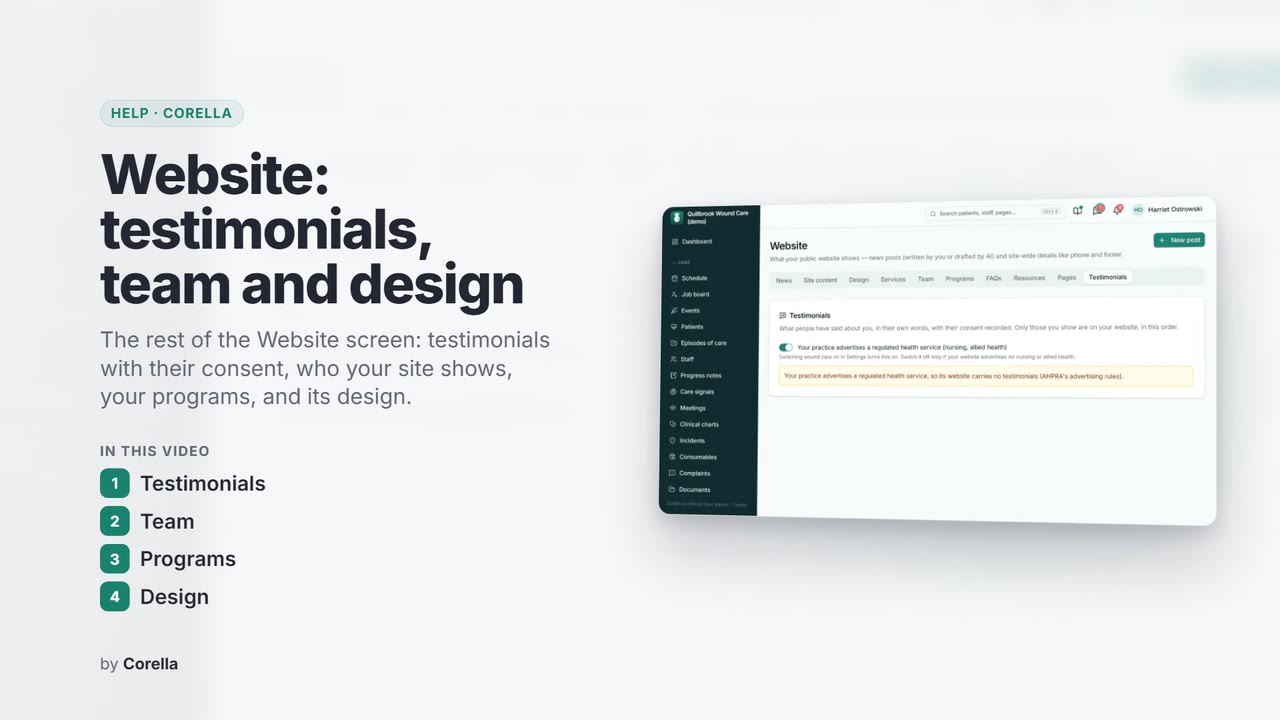 Website: testimonials, team and design: the video's title card